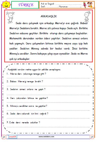 3.Sınıf Türkçe Okuma Anlama Etkinliği ( Arkadaşlık )